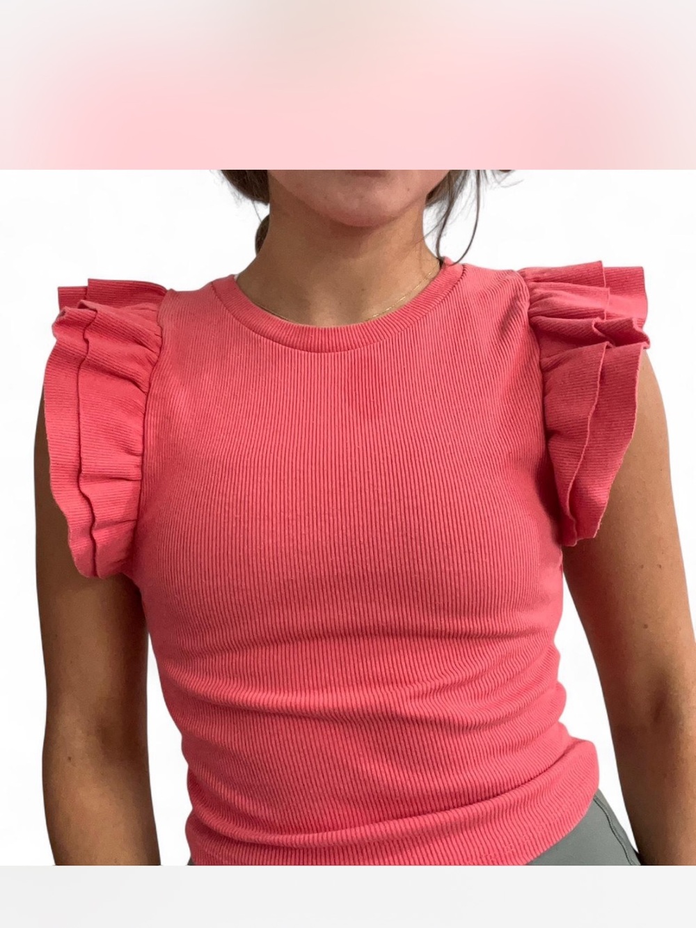 Zara Coral Pink Ribbed Ruffle Sleeve Tank